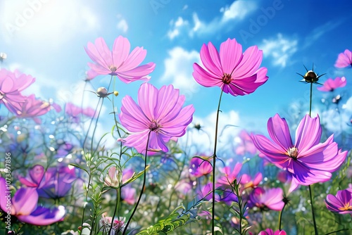 Elegant cosmos flowers swaying under bright sun, vivid pinks and purples. For nature photography, floral art, garden decor, print, wallpaper. Evokes sense of warmth, joy, renewal in natural settings.