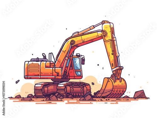 Cartoon drawing of a large orange excavator digging into the ground. Concept of hard work and determination, as the machine is focused on its task