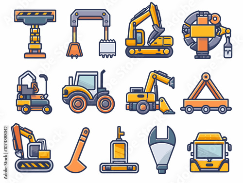 Collection of construction vehicles, including a crane, excavator, and bulldozer. The vehicles are all orange and yellow, and they are arranged in a grid pattern. Scene is one of productivity