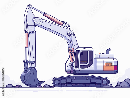 White construction vehicle with a large scoop on the front. The vehicle is moving through a rocky area