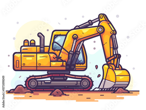 Yellow excavator is digging into the ground. The machine is large and powerful, and it is likely being used for construction or excavation work