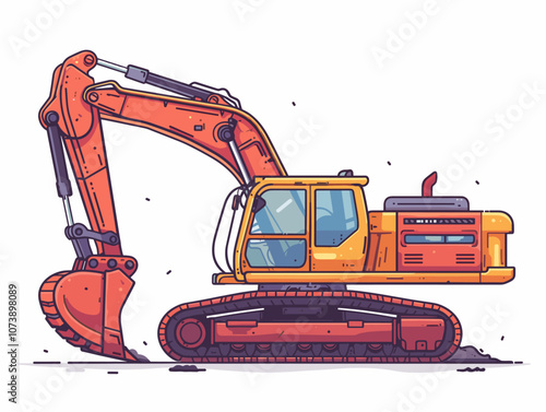 Large orange and yellow construction vehicle with a large orange bucket. The vehicle is parked on a dirt road