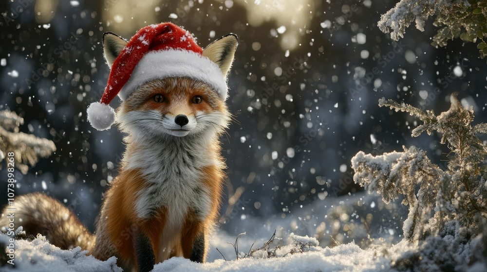 Fox in santa hat on snowy christmas forest background
Fox in santa hat on snowy christmas forest background