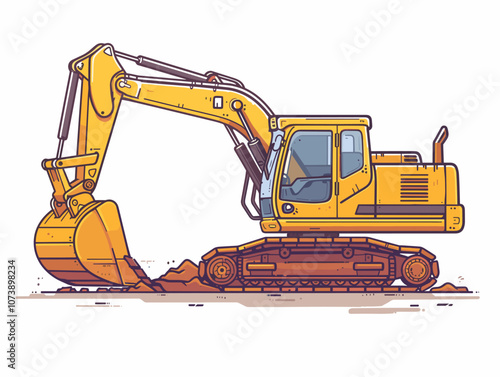 Yellow excavator is digging into the ground. The machine is large and powerful, and it is clear that it is being used for heavy-duty work. The scene is somewhat dark and moody