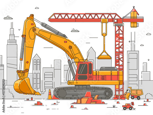 Construction site with a large orange excavator and a crane. The scene is set in a city with buildings in the background