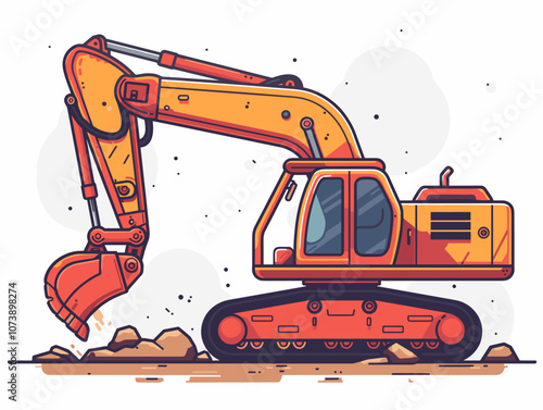 Large orange construction vehicle is shown in the dirt. The vehicle is a bulldozer, and it is in the process of digging into the ground. Concept of hard work and determination