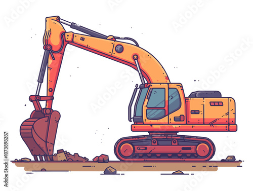 Large orange construction vehicle is digging into the ground. The image has a moody, industrial feel to it, with the orange color of the machine standing out against the dirt