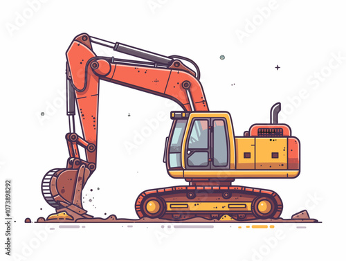 Large orange and yellow construction vehicle is digging into the ground. The machine is surrounded by dirt and rocks, and it is in the process of breaking up the ground. Concept of hard work