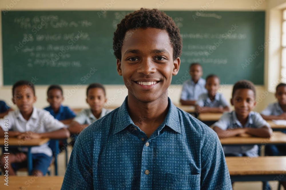 Close portrait of a smiling young Solomon Islander male elegant primary school teacher standing and looking at the camera, indoors almost empty classroom blurred background Close portrait of a smiling young Solomon Islander male elegant primary school teacher standing and looking at the camera, indoors almost empty classroom blurred background