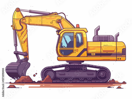 Yellow construction vehicle is digging into the ground. The vehicle is yellow and has a large scoop on the front