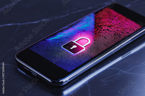 A fingerprint scan and a padlock symbolizing mobile phone security. photo