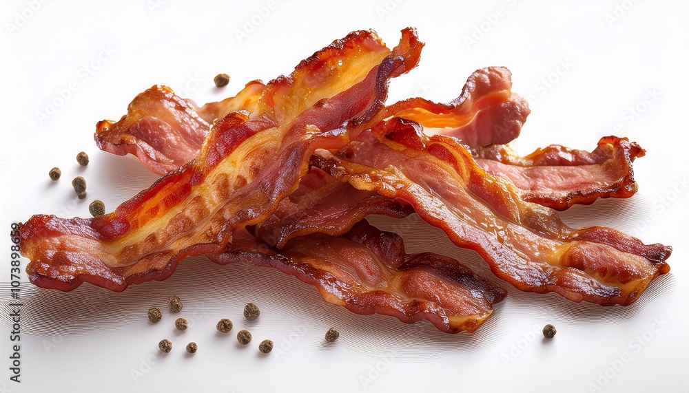Delicious crispy bacon rashers with black peppercorns on white background