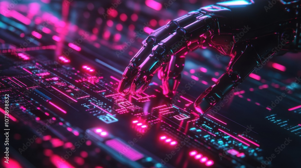 Robotic hand interacts with a glowing circuitry interface Robotic hand interacts with a glowing circuitry interface