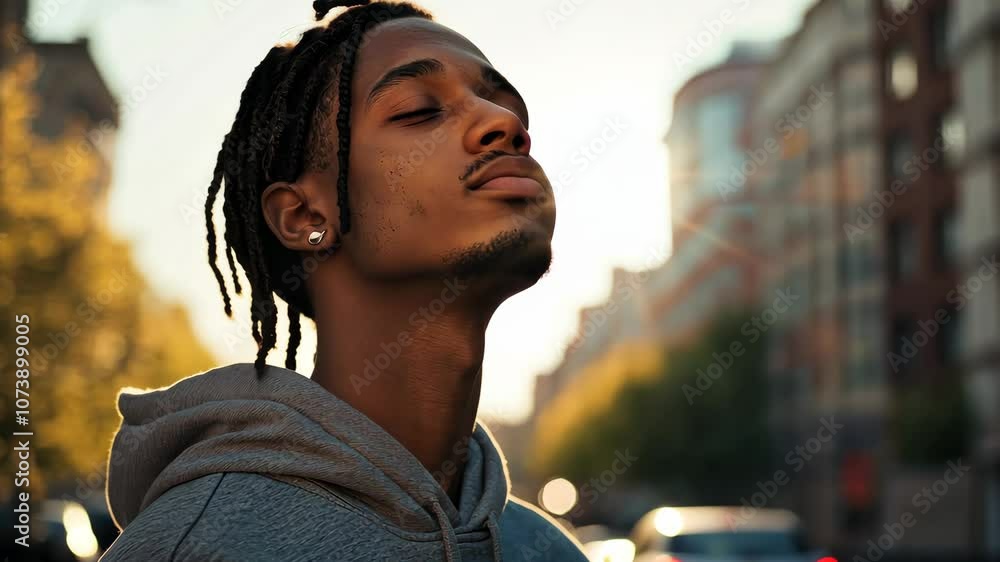 Young man with braids wearing a casual hoodie, standing under bright sunlight, city street in the background with slight blur, relaxed vibe Young man with braids wearing a casual hoodie, standing under bright sunlight, city street in the background with slight blur, relaxed vibe