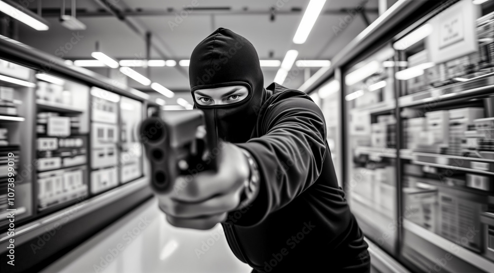 Masked Robber with Gun in a Supermarket. Crime, Robbery, Threat, and Security Concept. Black and White Image. Masked Robber with Gun in a Supermarket. Crime, Robbery, Threat, and Security Concept. Black and White Image.