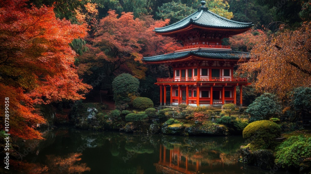 Vibrant autumn foliage surrounds a tranquil japanese pagoda reflection Vibrant autumn foliage surrounds a tranquil japanese pagoda reflection