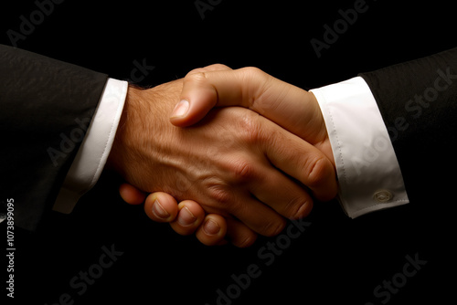 Two men shaking hands in a black background