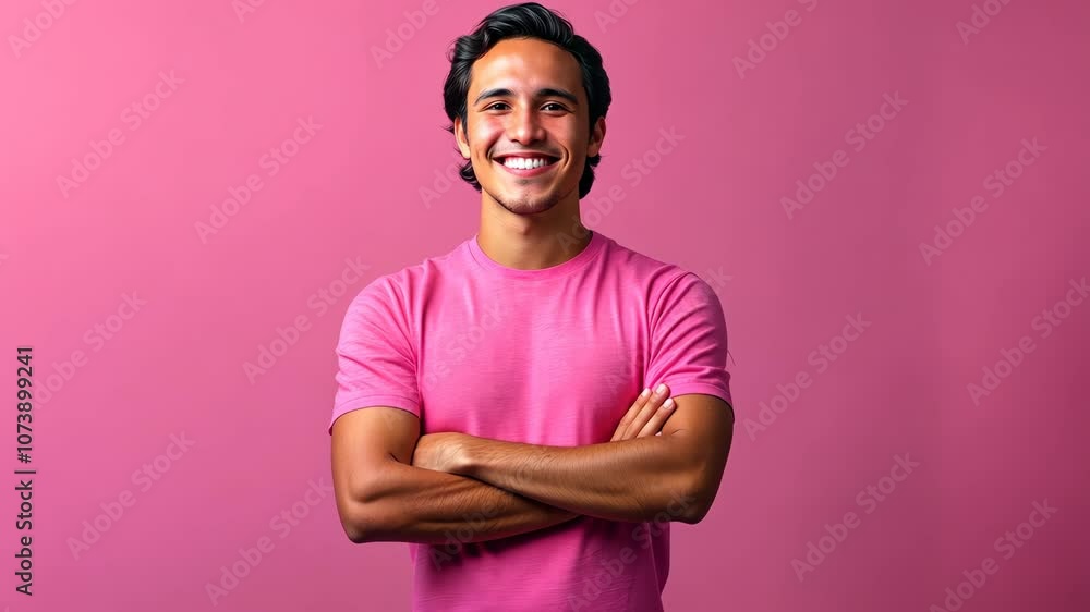 Latino man in a pink t-shirt smiling, with crossed arms, standing against a simple gradient background, studio lighting Latino man in a pink t-shirt smiling, with crossed arms, standing against a simple gradient background, studio lighting