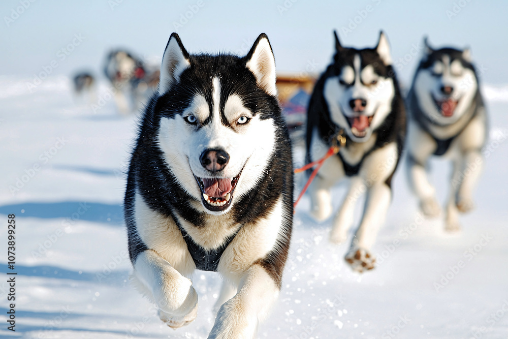 Inuit sled dogs running across the Arctic snow, pulling a sled. Inuit sled dogs running across the Arctic snow, pulling a sled.