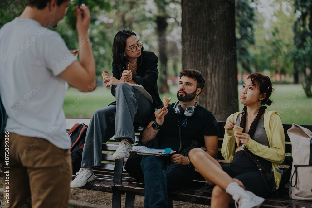 A group of students and their professor share a relaxed ice cream break in a park setting following their class, enjoying casual conversation and leisure time. A group of students and their professor share a relaxed ice cream break in a park setting following their class, enjoying casual conversation and leisure time.