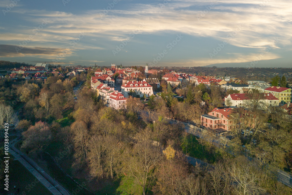 The city of Sandomierz with its churches, town hall and castle shown from above.