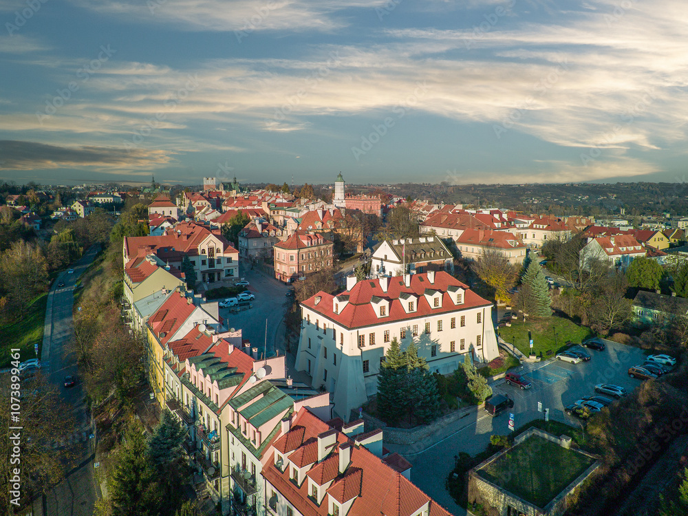 The city of Sandomierz with its churches, town hall and castle shown from above.