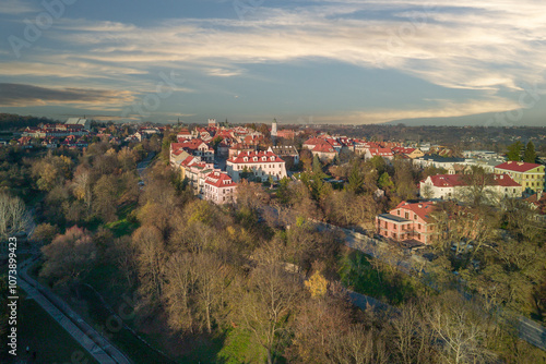 Obraz na płótnie The city of Sandomierz with its churches, town hall and castle shown from above. w salonie