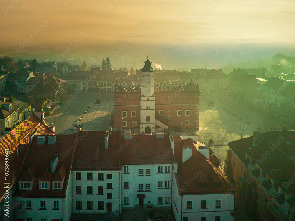 The city of Sandomierz with its churches, town hall and castle shown from above.