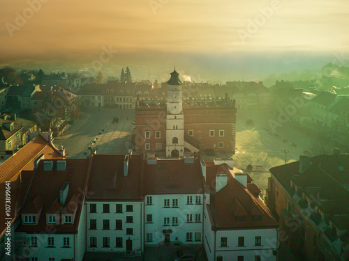 Obraz na płótnie The city of Sandomierz with its churches, town hall and castle shown from above. w salonie