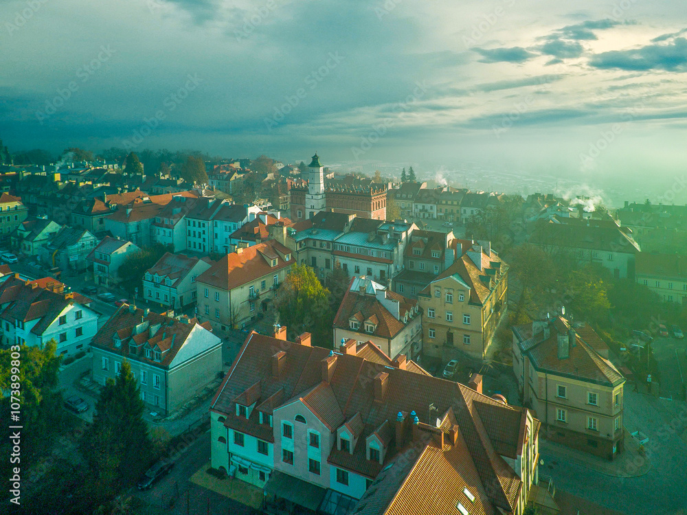 The city of Sandomierz with its churches, town hall and castle shown from above.