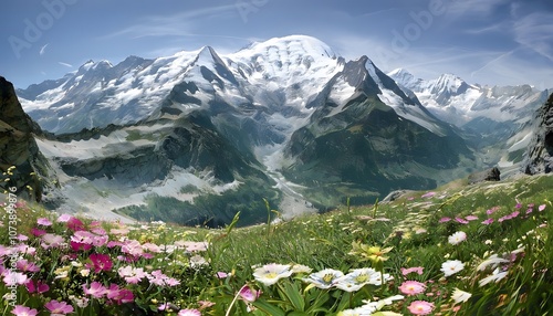 Snow-Capped Mont Blanc Peaks Overlooking Blooming Alpine Meadows