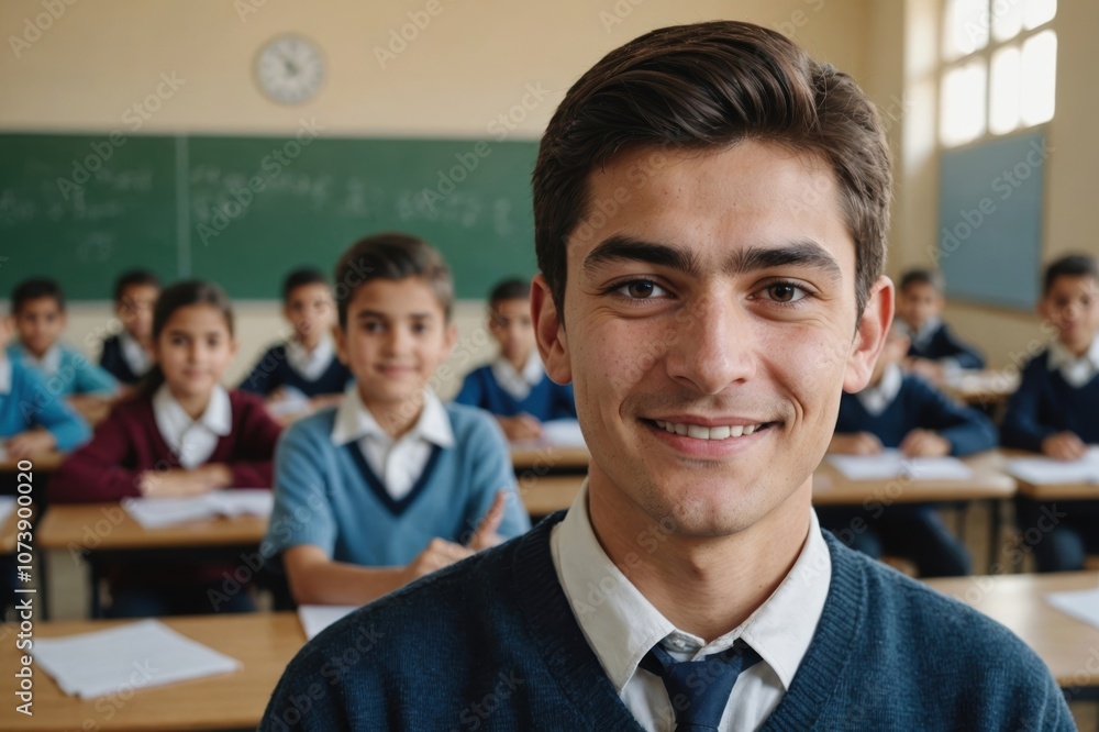 Close portrait of a smiling young Tajik male elegant primary school teacher standing and looking at the camera, indoors almost empty classroom blurred background Close portrait of a smiling young Tajik male elegant primary school teacher standing and looking at the camera, indoors almost empty classroom blurred background