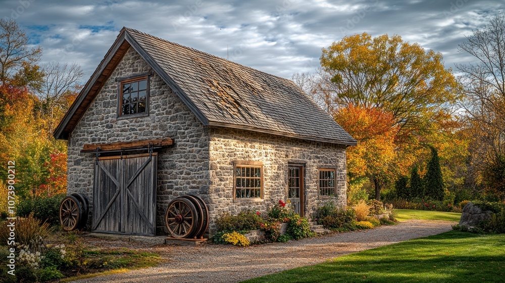 A rustic stone barn surrounded by colorful autumn foliage and flowers. A rustic stone barn surrounded by colorful autumn foliage and flowers.
