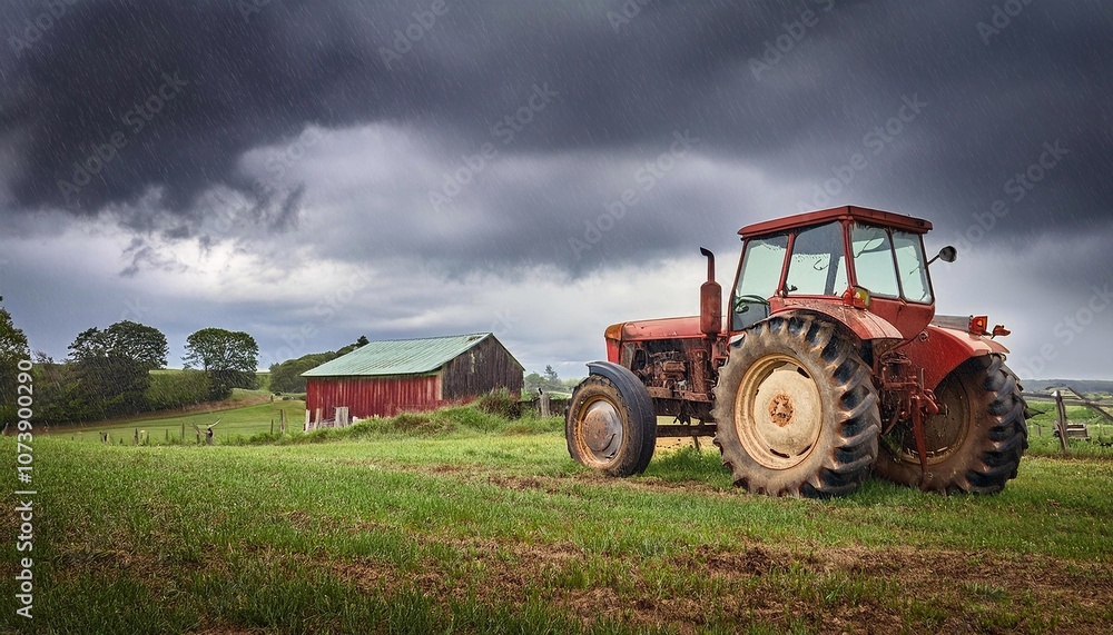 Fototapeta premium Red tractor parked in green field during rainstorm with barn in background