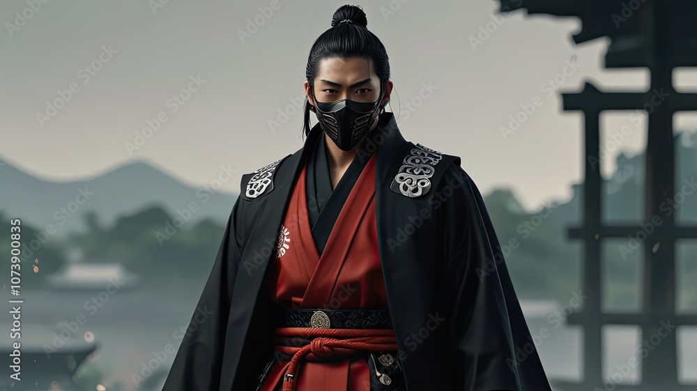 The warrior adorned in striking red and black garments stands poised against a tranquil backdrop embodying a spirit of bravery and tradition The warrior adorned in striking red and black garments stands poised against a tranquil backdrop embodying a spirit of bravery and tradition