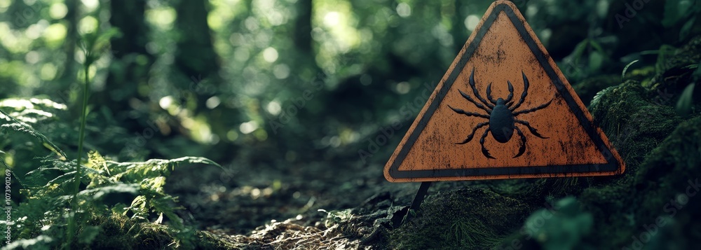 Infected ticks warning sign in forest composition background
Infected ticks warning sign in forest composition background
