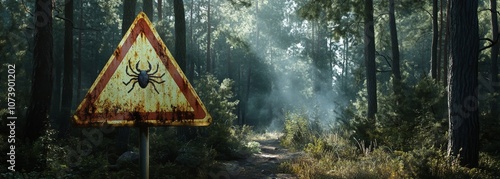 Infected ticks warning sign in forest composition background
 photo