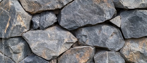 A textured stone wall composed of various sized gray rocks.
