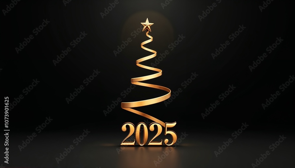 Obraz premium Elegant golden Christmas tree made of ribbon with the inscription 2025 against a black background