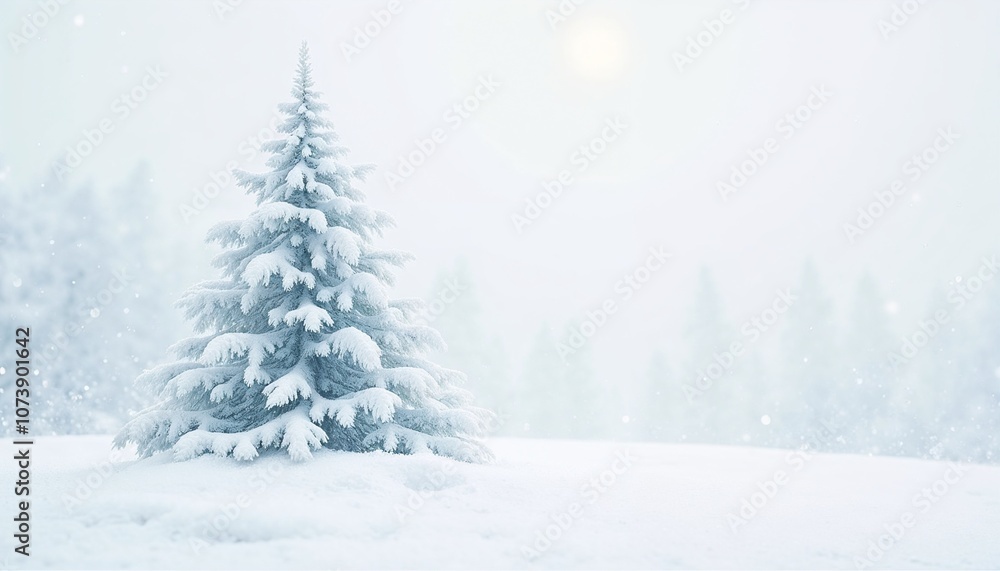 Snow-covered Christmas tree in a serene winter landscape with soft sunlight Snow-covered Christmas tree in a serene winter landscape with soft sunlight