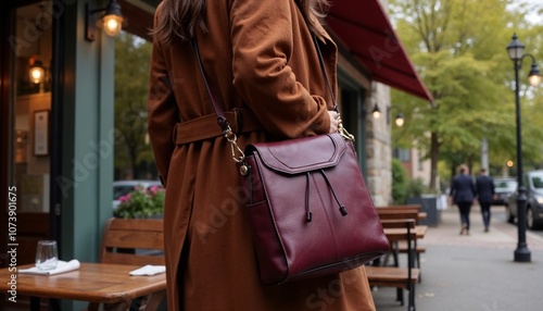 Fashionable leather crossbody bag worn by a woman in autumn attire on a city street
