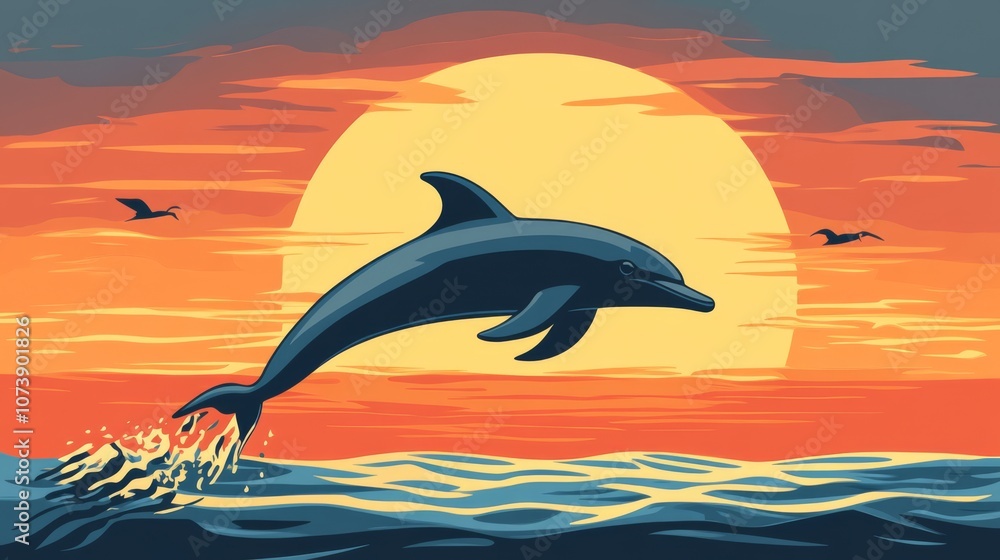 A dolphin leaping out of the water with a sunset in the background. A dolphin leaping out of the water with a sunset in the background.