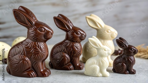 Traditionelle Osterhasen aus Zartbitter- und weißer Schokolade, liebevoll gestaltet photo