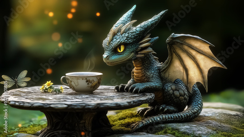 Enchanting dragon enjoying a tea party in a serene natural setting, perfect for wall art, posters, and children's room decor, bringing whimsy and magic to any space.