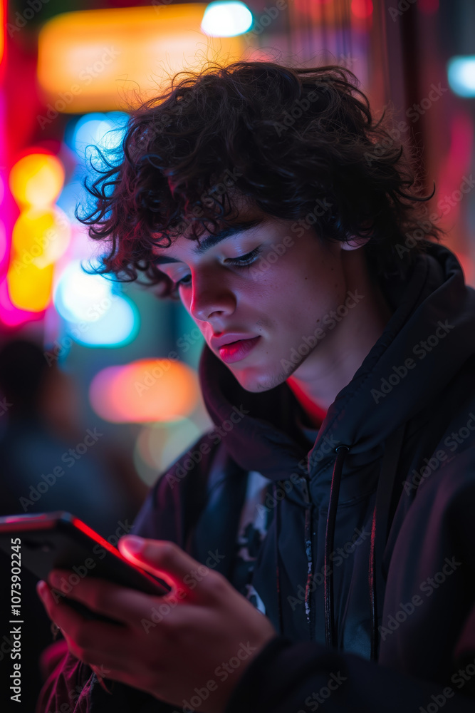 A young man in a black hoodie looking at his phone A young man in a black hoodie looking at his phone