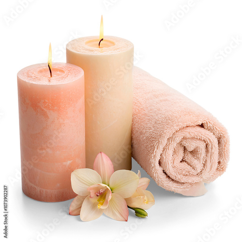 Composition of candles with flower and towel as spa and hotel decoration and for natural and relaxation therapies, isolated with transparent background and shadow