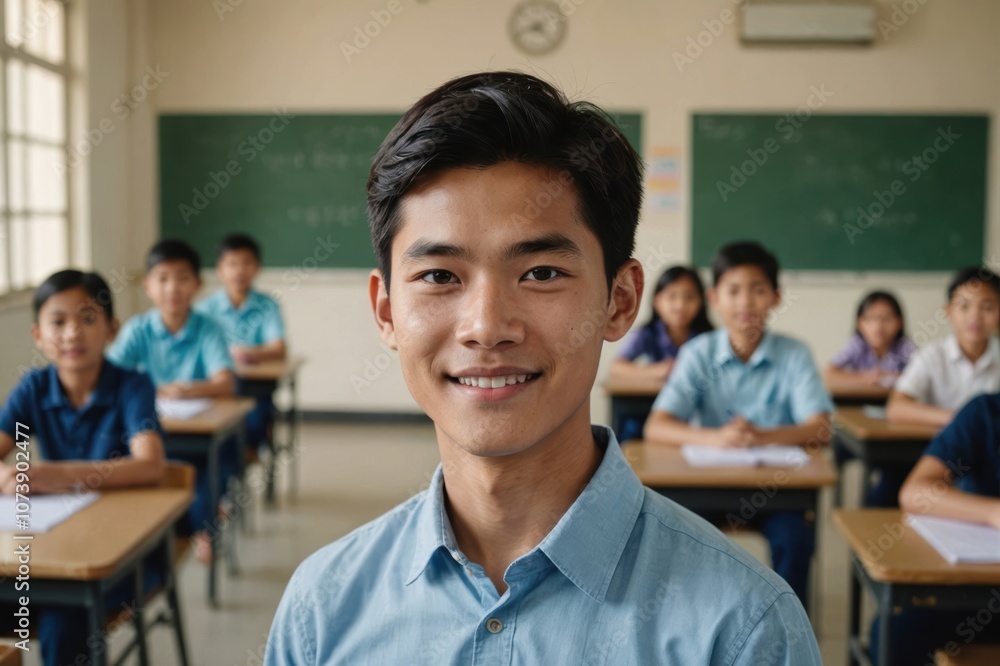 Close portrait of a smiling young Vietnamese male elegant primary school teacher standing and looking at the camera, indoors almost empty classroom blurred background Close portrait of a smiling young Vietnamese male elegant primary school teacher standing and looking at the camera, indoors almost empty classroom blurred background