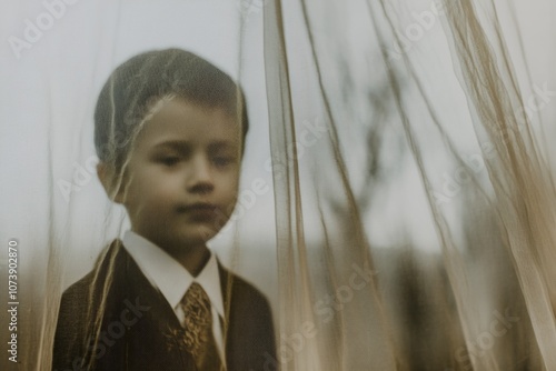 Pensive child behind sheer curtain in vintage suit reflecting softly lit mood