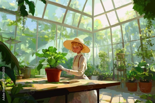 Sunlit serenity: woman gardening in a lush greenhouse with natural light