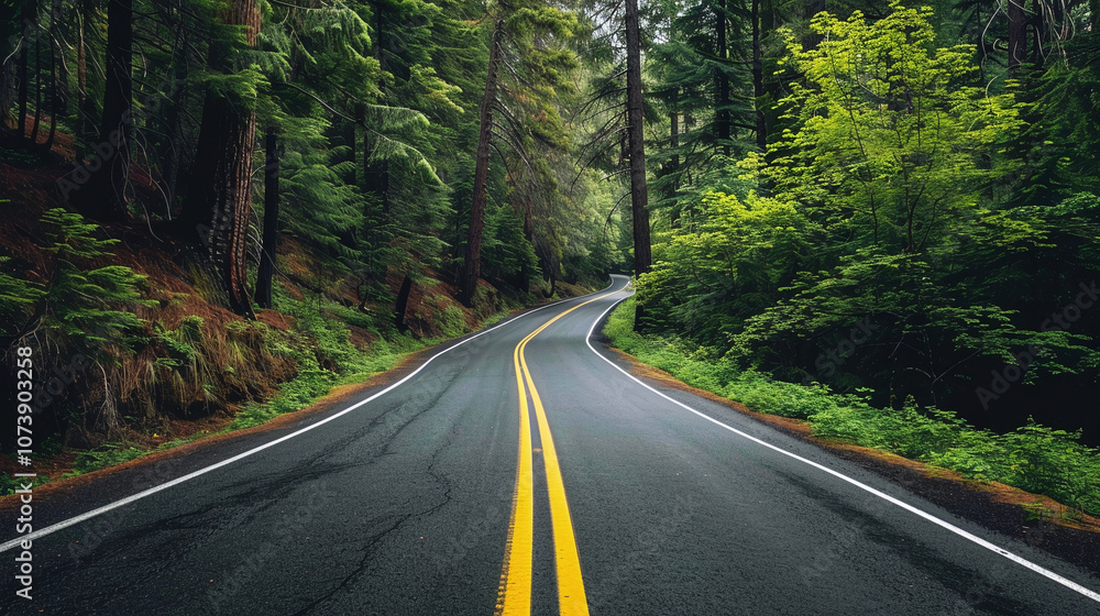 Curving Highway Through Dense Evergreen Forest on a Sunny Afternoon Showcasing Nature's Vibrant Greenery in a Serene Roadside Landscape Curving Highway Through Dense Evergreen Forest on a Sunny Afternoon Showcasing Nature's Vibrant Greenery in a Serene Roadside Landscape